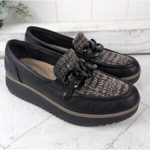 Clarks Zylah May Loafers 8.5M Black Leather & Textile, Chain Vamp Platform Wedge